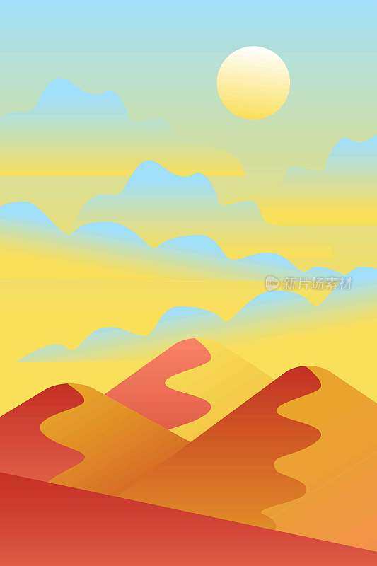 Landscape with waves. Blue sun set sky. Yellow, orange, pink and red mountains silhouette. Sandy desert dunes. Nature and ecology. Vertical orientation. For social media, post cards and posters